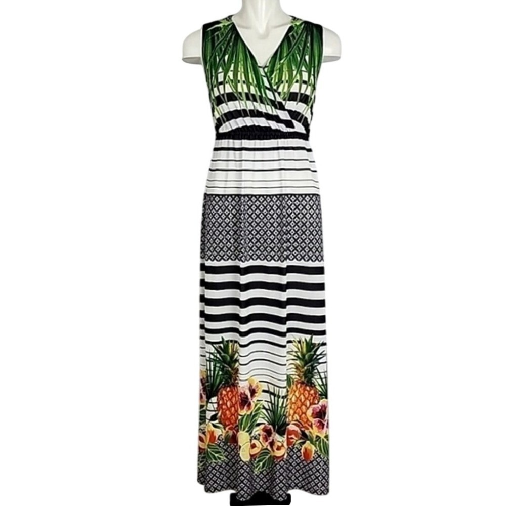 Joseph Ribkoff Women Floral Fruit Stripe Sleeveless Maxi Dress 6
